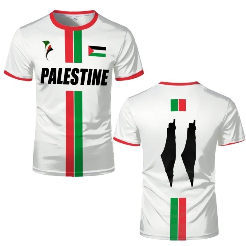 White Jersey t-shirt with Palestinian flag design on a white background