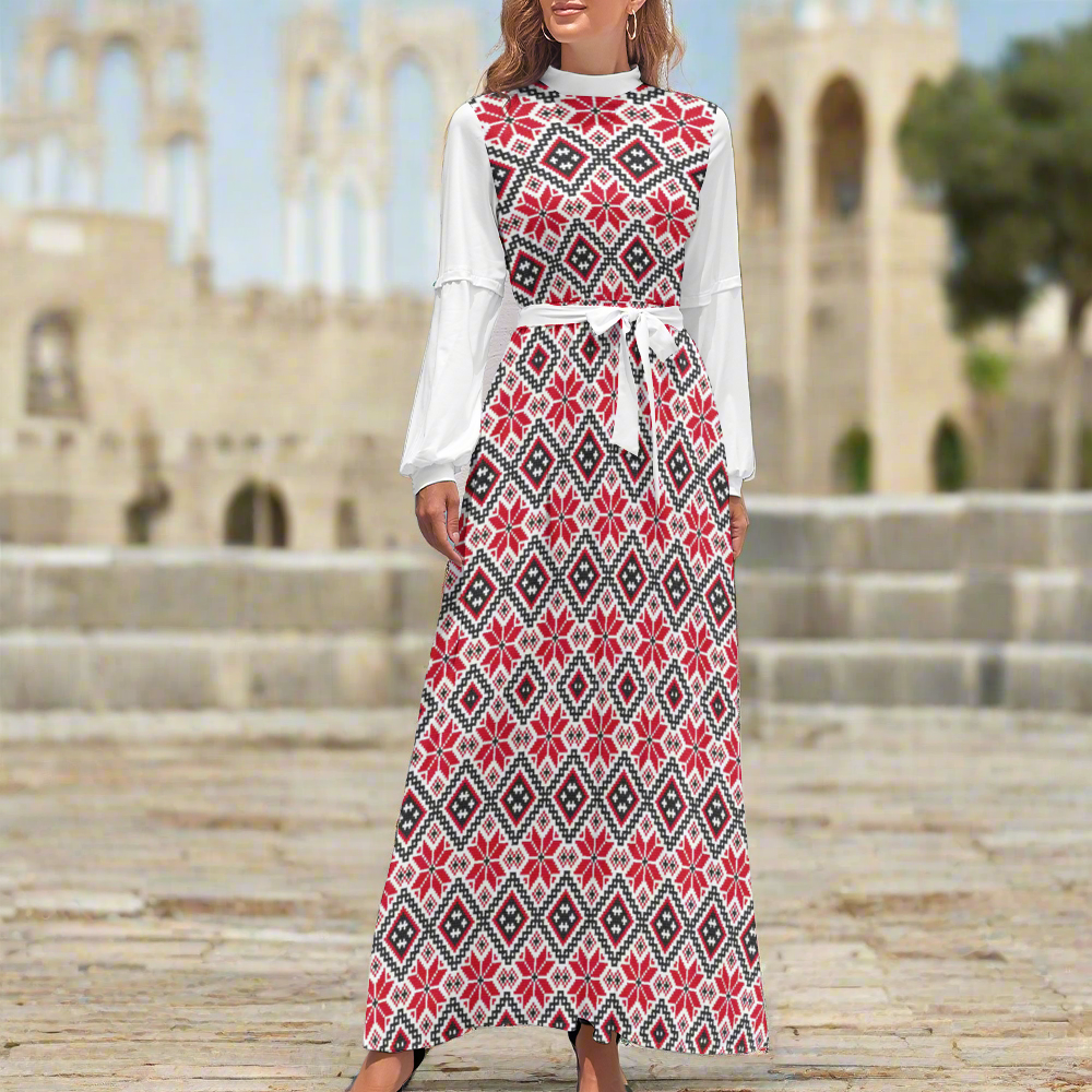 A woman wearing a tatreez print palestinian white and red dress in the streets of Jerusalem, Palestine