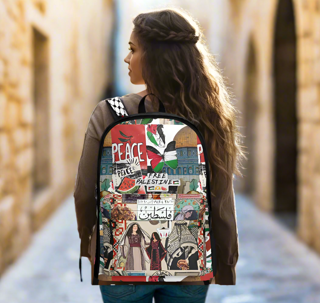 Woman wearing a Palestinian Collage of motifs related toTatreez Kuffiyeh on her Backpack