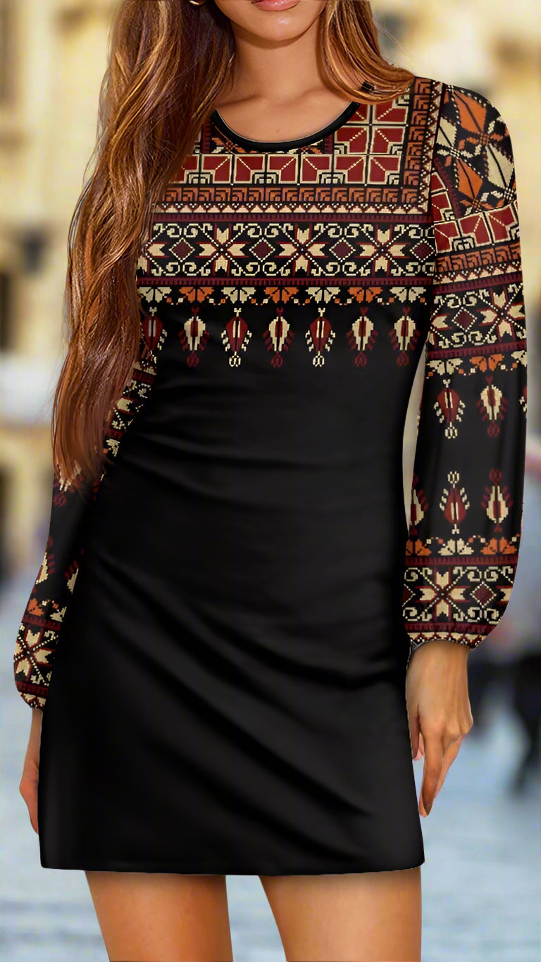 Palestinian Tatreez Print Waist Long Sleeve Tie Dress