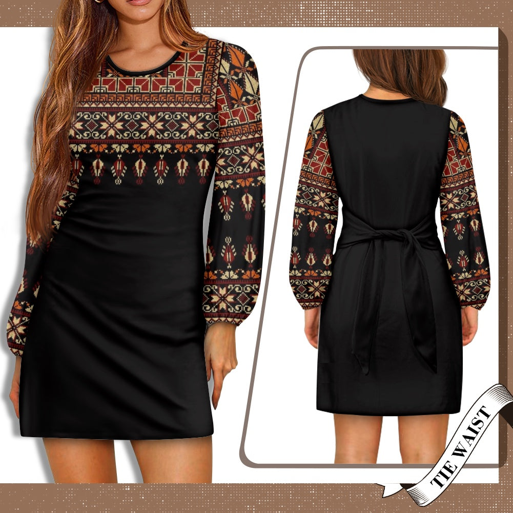 Palestinian Tatreez Print Waist Long Sleeve Tie Dress