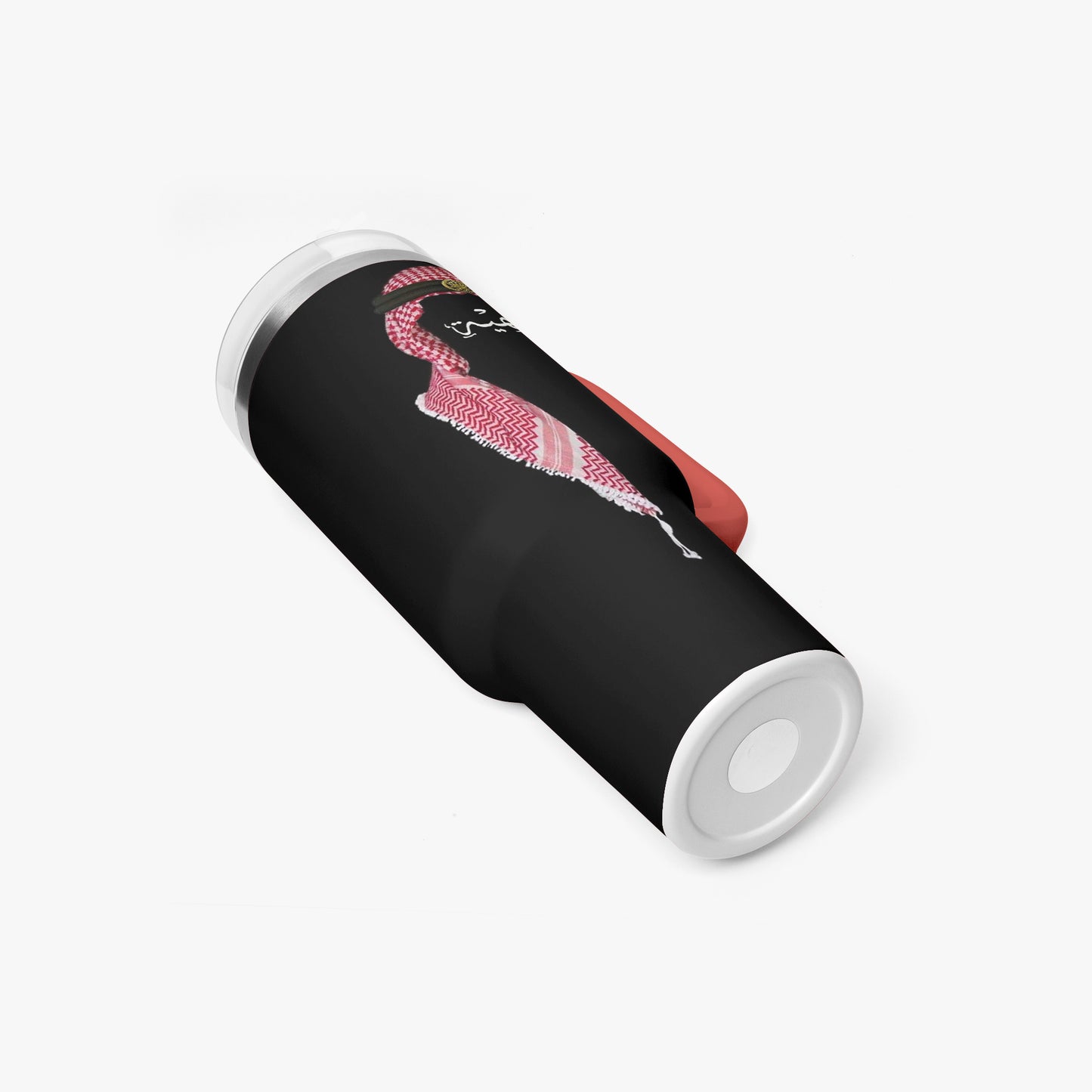 Black tumbler with a flamingo design on a white background