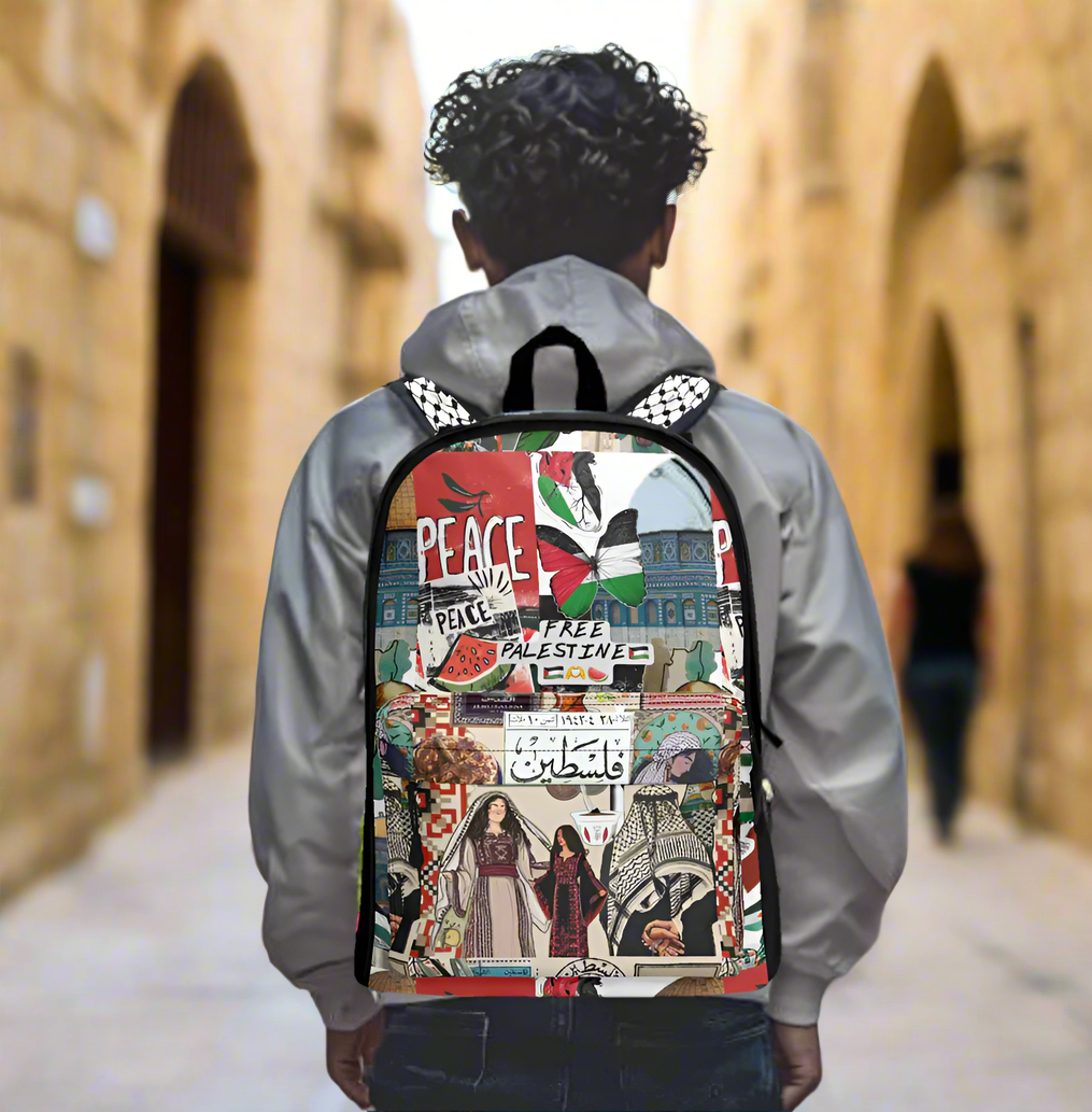 Man wearing a Palestinian Collage of motifs related to Tatreez Kuffiyeh on his Backpack including the Palestinian Watermelon, and Filisteen, and Tatreez Thobe dresses, with Kuffiyeh Shoulder Straps