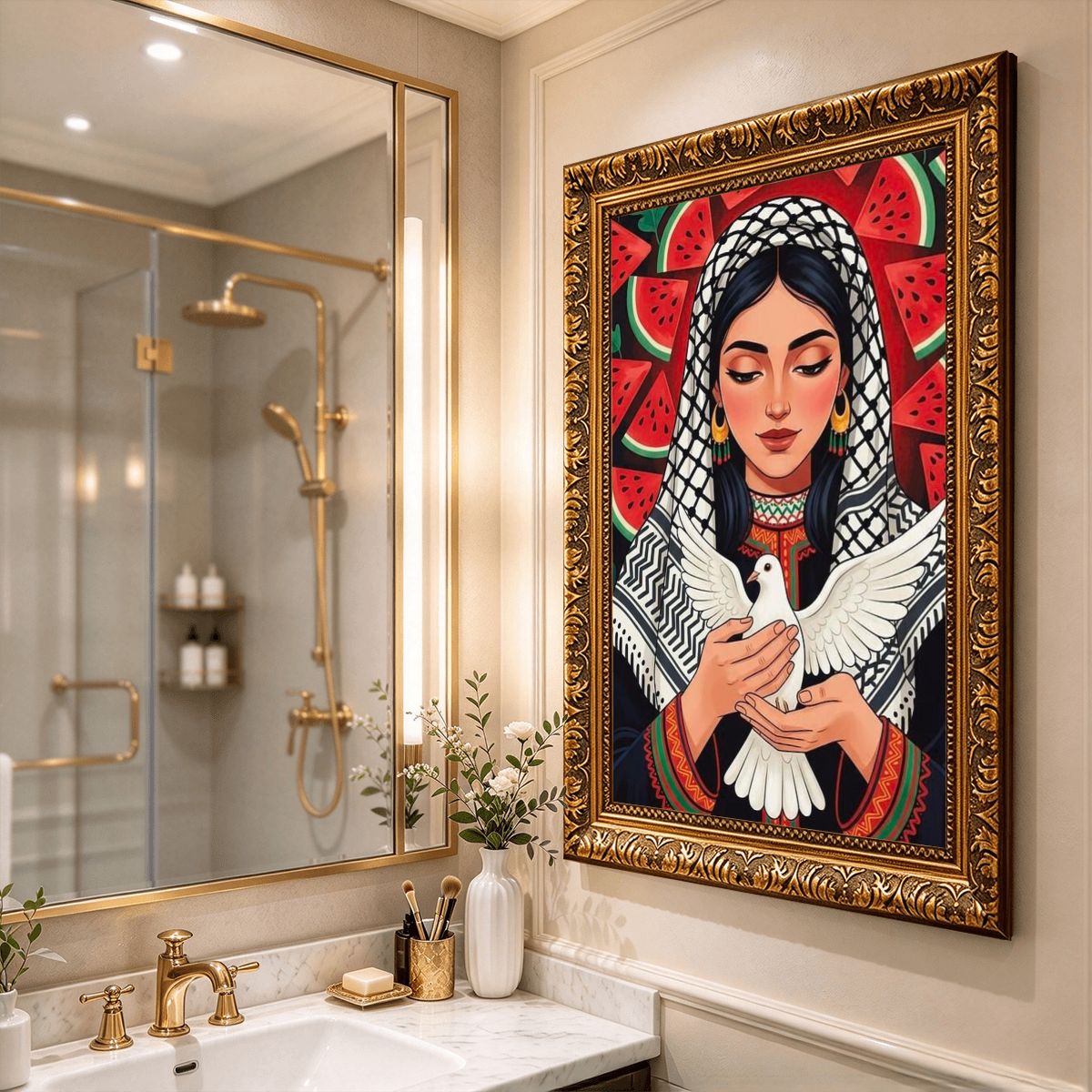 Woman Watermelon Dove Vintage Gold Framed Canvas Prints Wall Art (2:3) (Made in USA)
