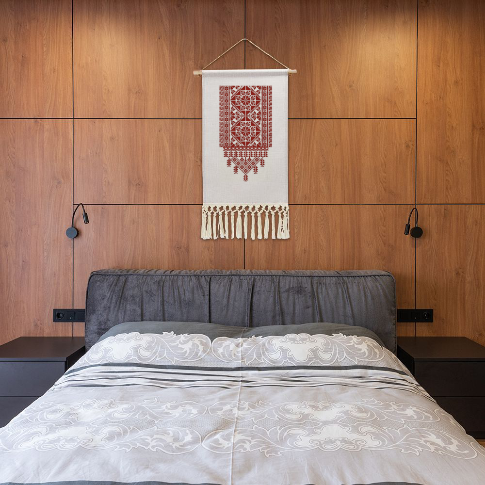 Tatreez Print Linen Tapestry with Tassel Cotton Linen Wall Hanging -