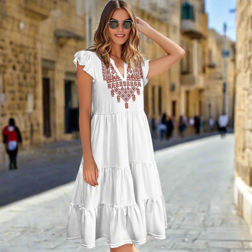 Palestinian tatreez print Women's V-neck pocket waist patchwork dress