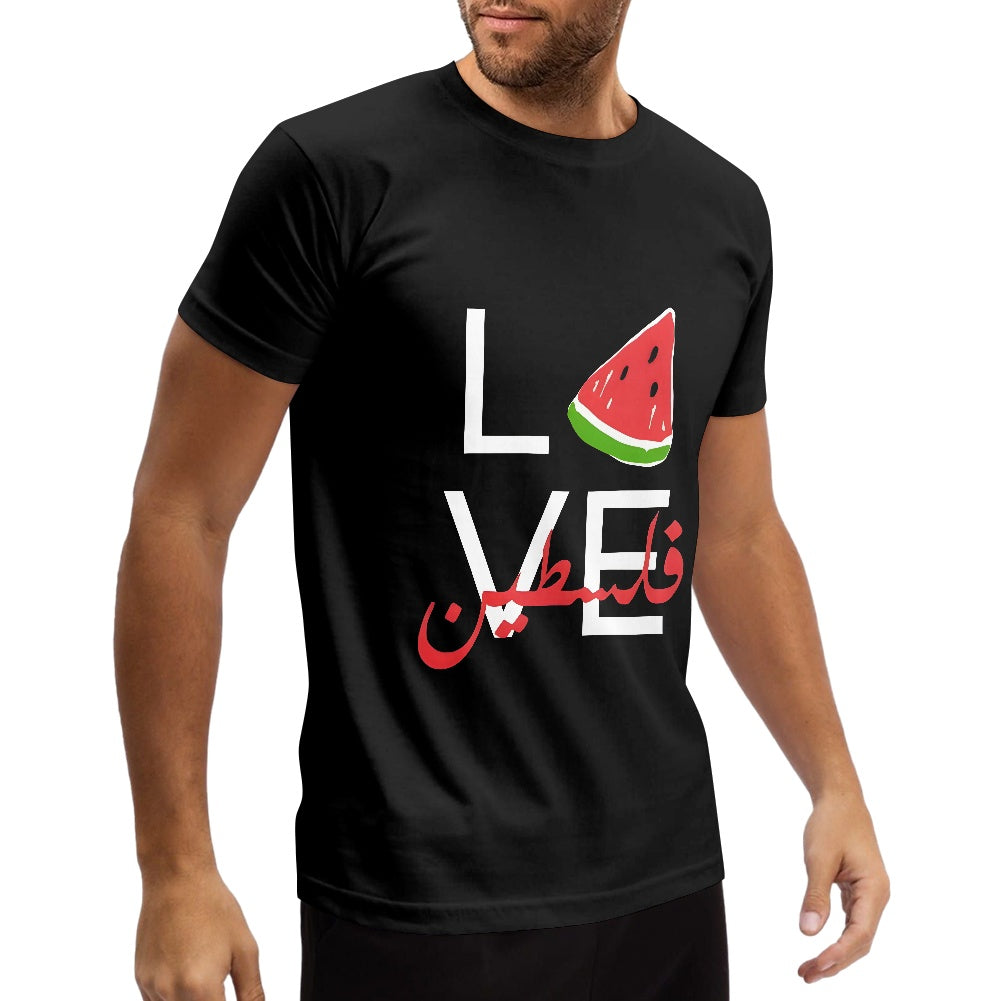 Love Palestine cotton black T-shirt (2D front and back)