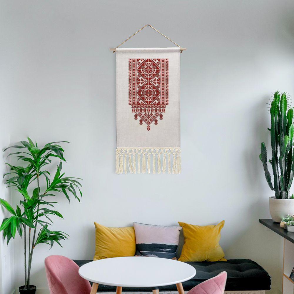 Tatreez Print Linen Tapestry with Tassel Cotton Linen Wall Hanging -