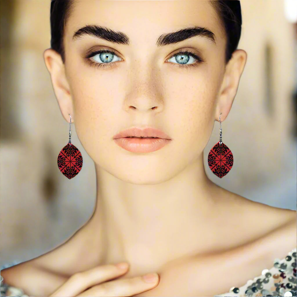 Gaza | غزة Palestinian Tatreez Fashion Wooden Earrings Pendant, Red -