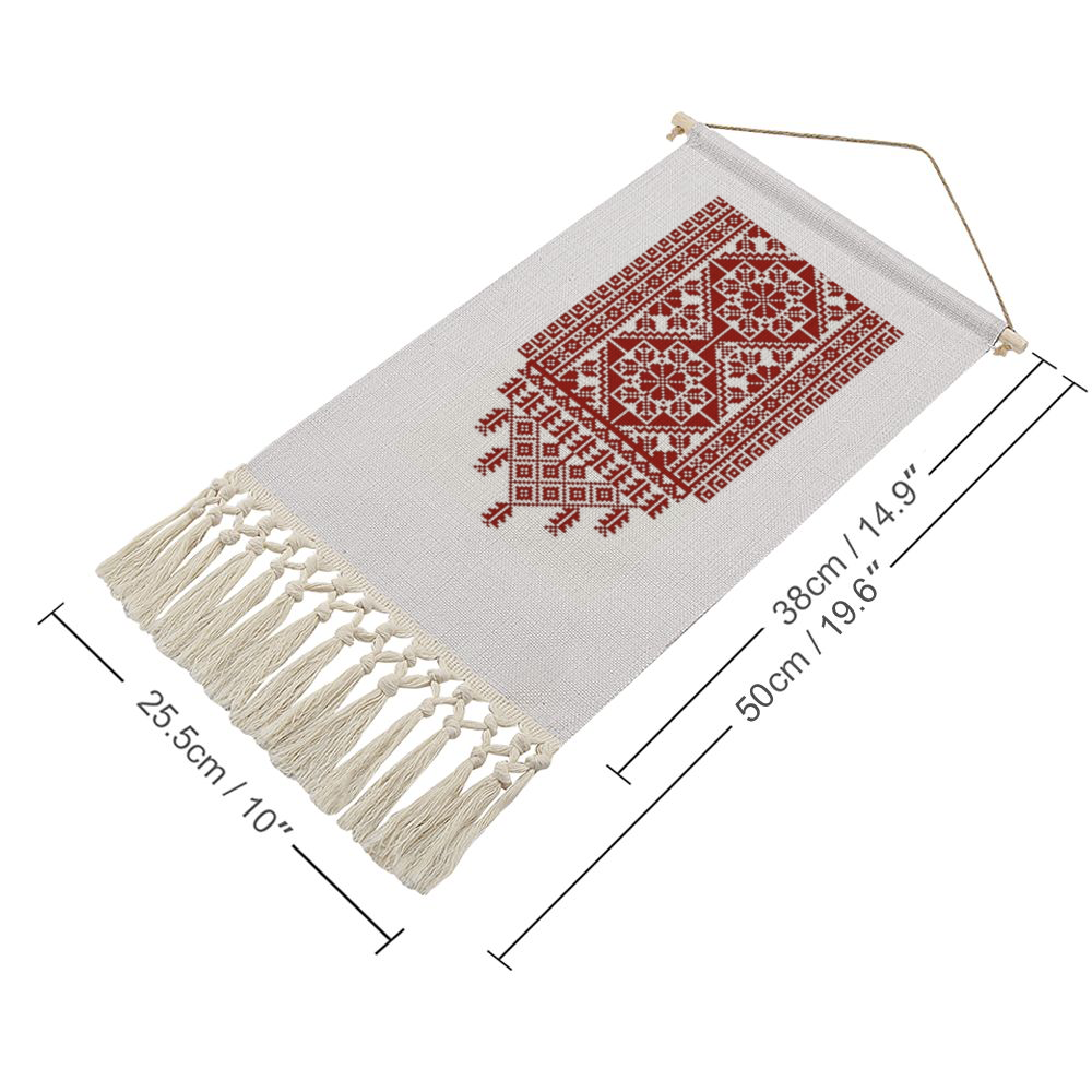 Tatreez Print Linen Tapestry with Tassel Cotton Linen Wall Hanging -