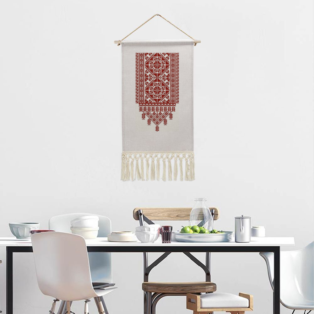 Tatreez Print Linen Tapestry with Tassel Cotton Linen Wall Hanging -