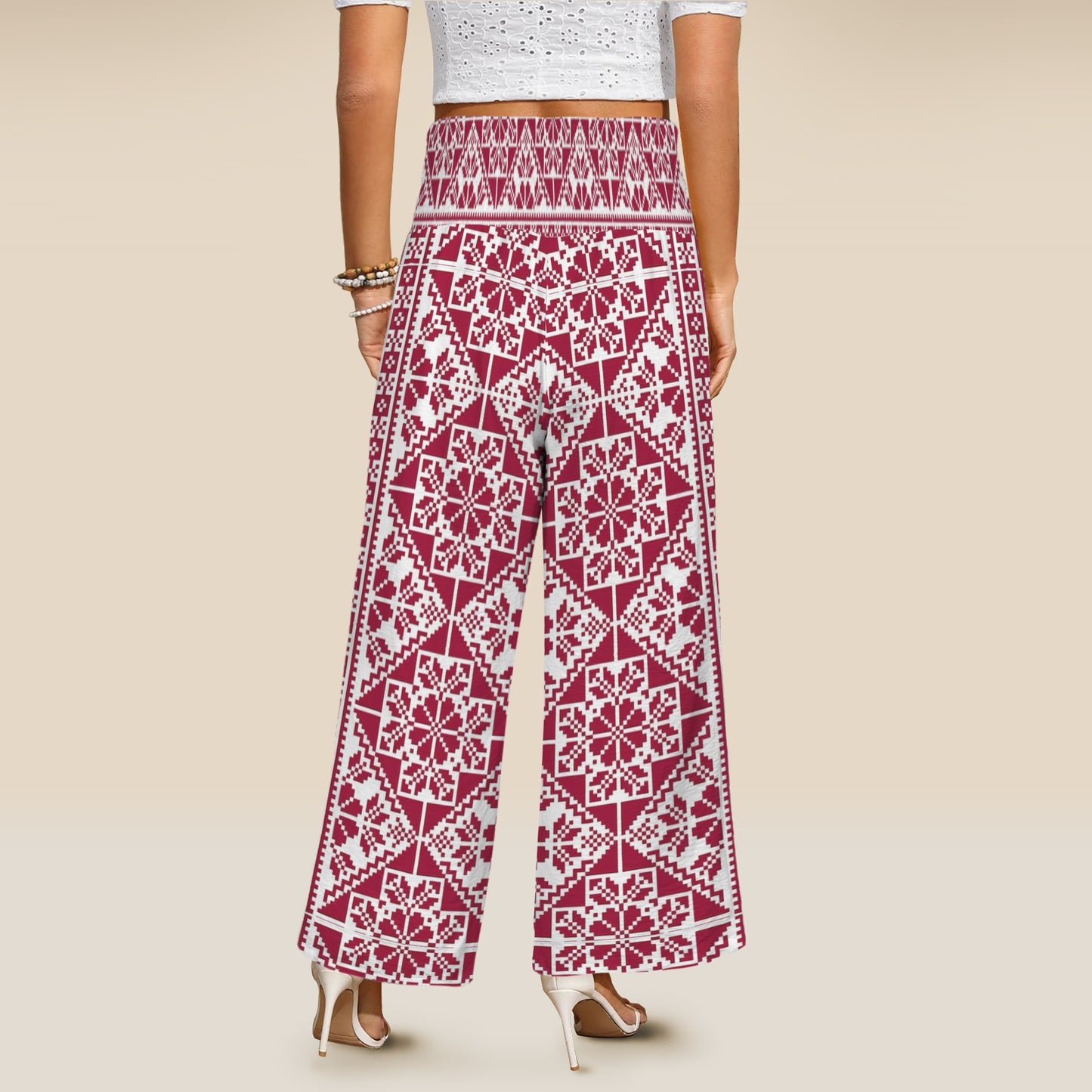 Tatreez Print Elastic Waist Wide Leg Pants