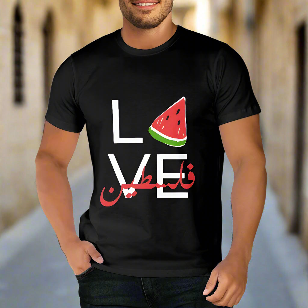 Love Palestine cotton black T-shirt (2D front and back)