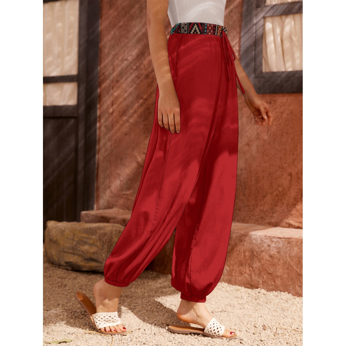 Bedouin Red Arabian Wide Legs Women's Carrot Pants, Casual, Women