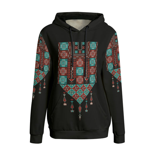 This is a Palestinian woman's Tatreez Print realistic embroidered Hoodie with blue and red prints.