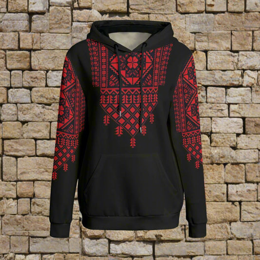This is a Palestinian woman's Tatreez Print realistic embroidered Hoodie sweater
