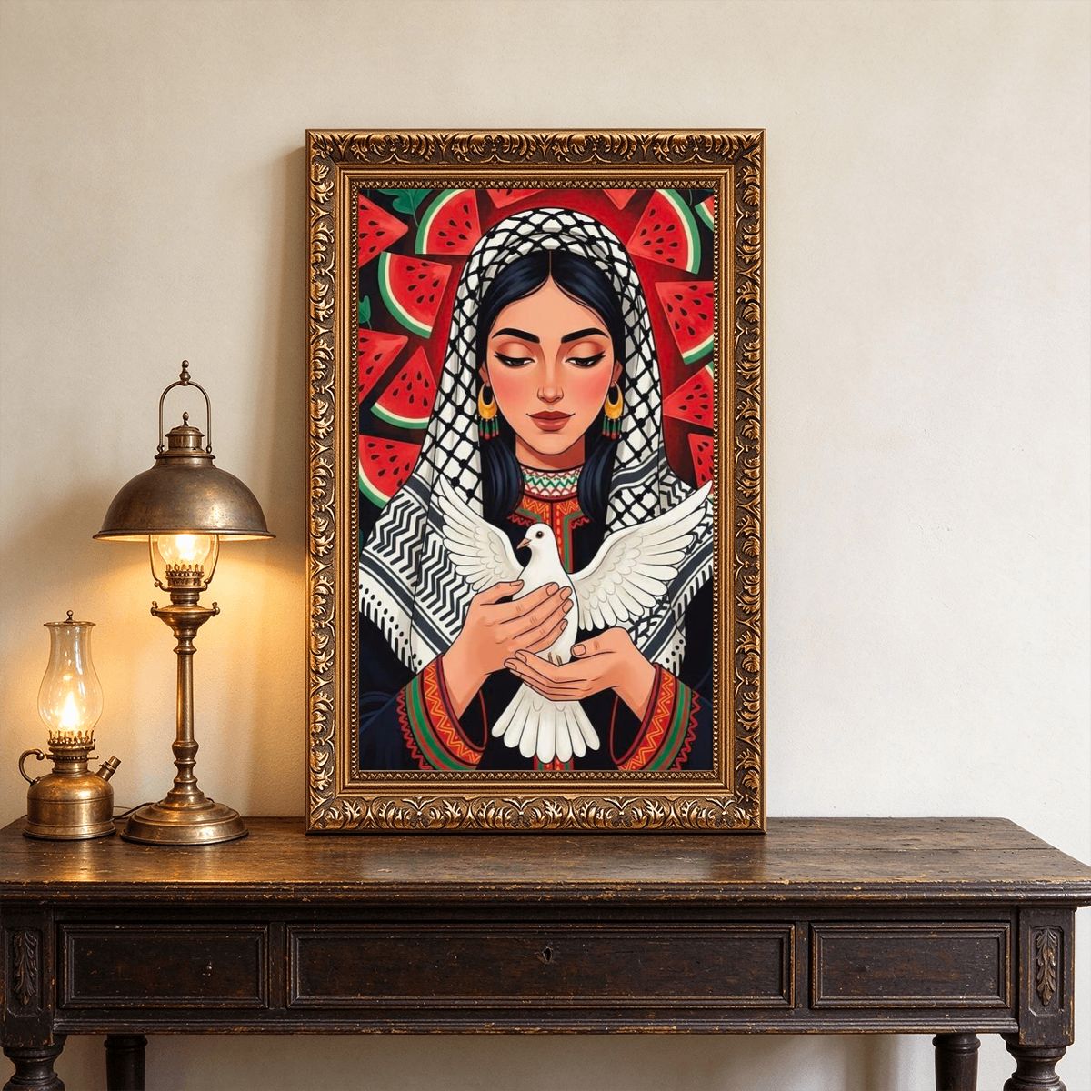 Woman Watermelon Dove Vintage Gold Framed Canvas Prints Wall Art (2:3) (Made in USA)