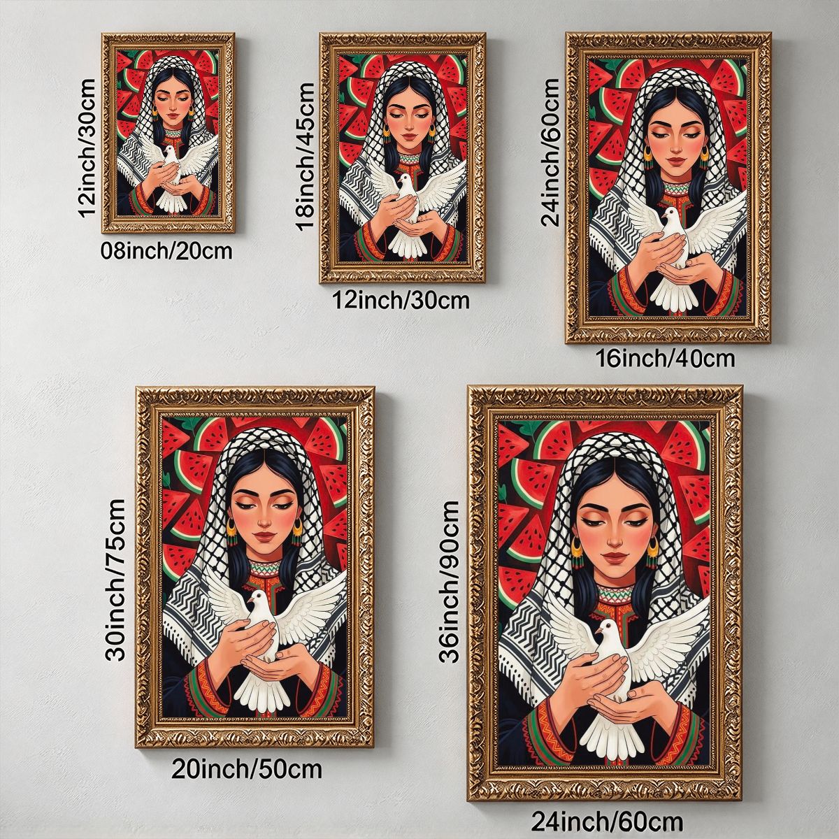 Woman Watermelon Dove Vintage Gold Framed Canvas Prints Wall Art (2:3) (Made in USA)
