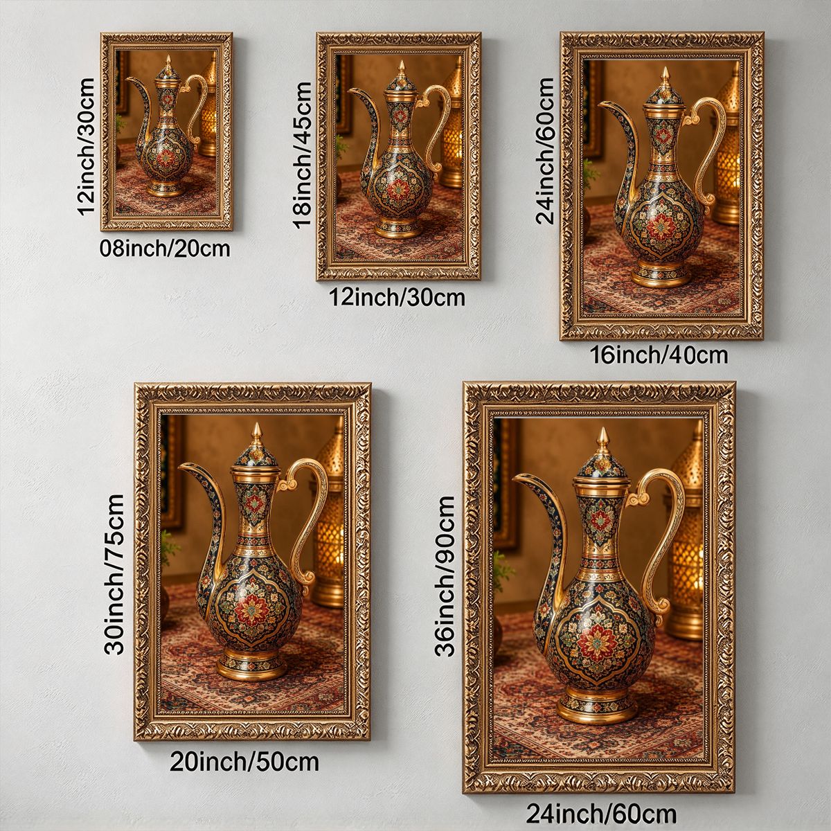 Arabian Vase Vintage Gold Framed Canvas Prints Wall Art (2:3) (Made in USA)