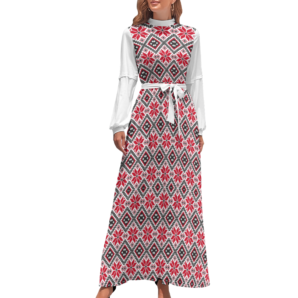 Tatreez Print Women's Long Sleeves High Neck Dress Hijab Casual Long Skirts