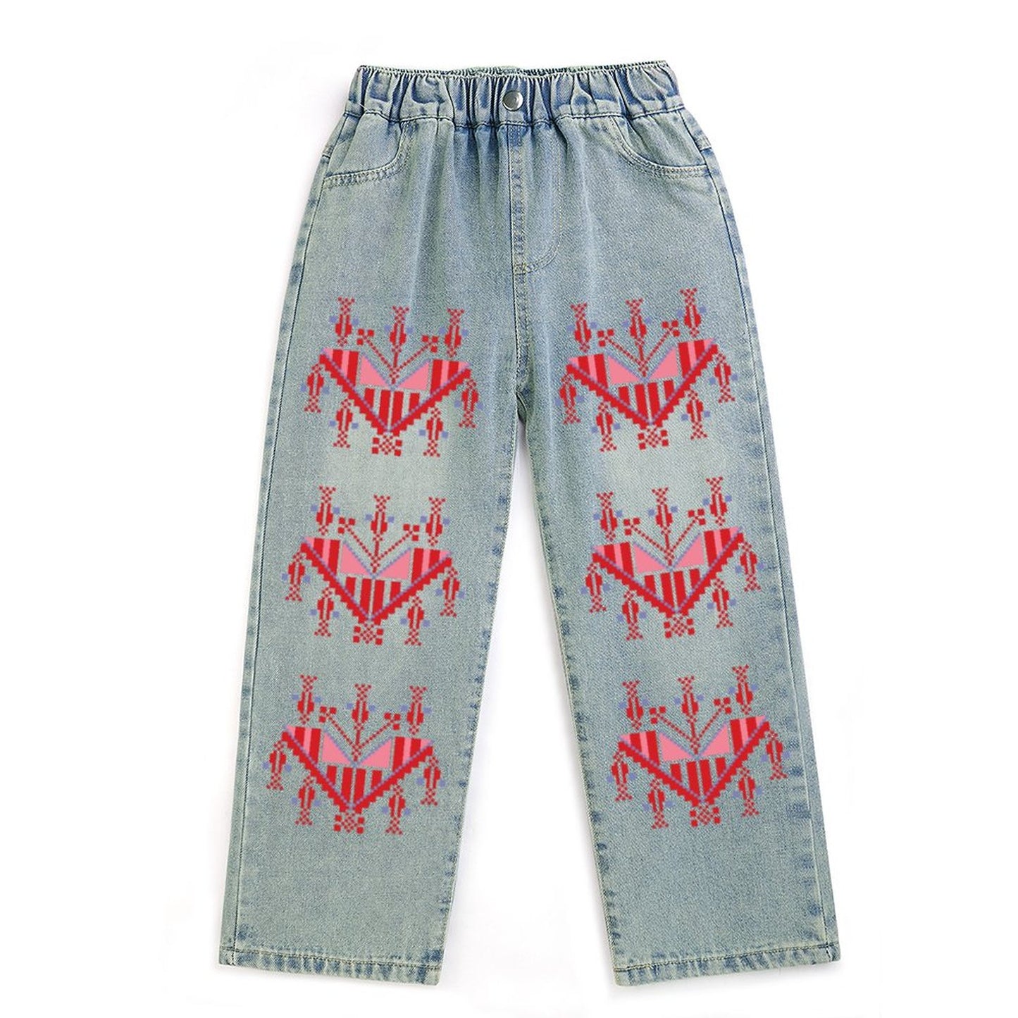 Palestinian Tatreez Print Children's Cropped Jeans (Front Printing)