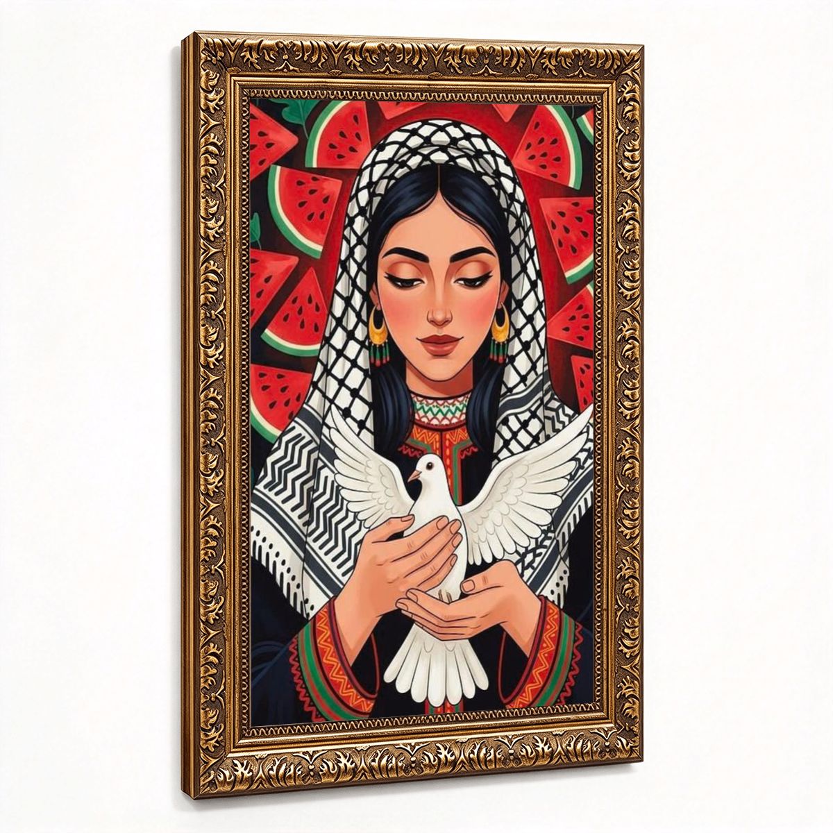Woman Watermelon Dove Vintage Gold Framed Canvas Prints Wall Art (2:3) (Made in USA)
