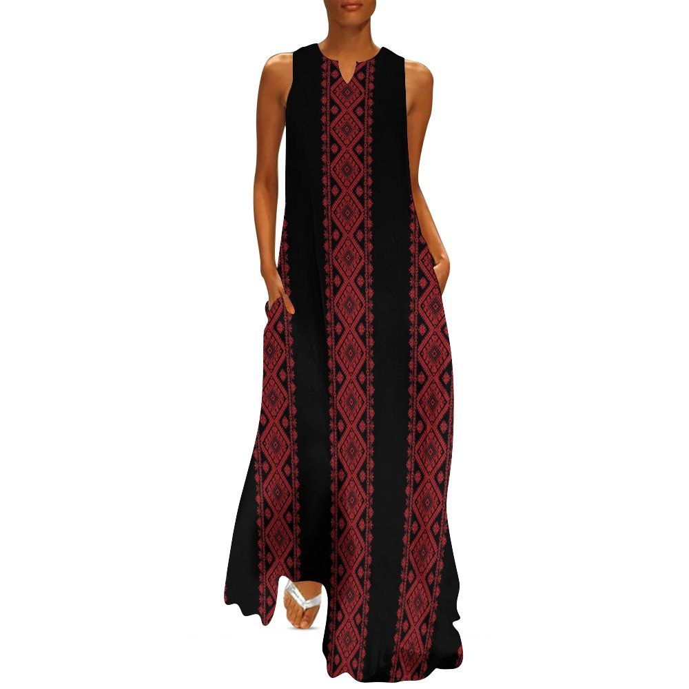 Palestinian Tatreez Print Sleeveless Long Dress Long dress, Red -