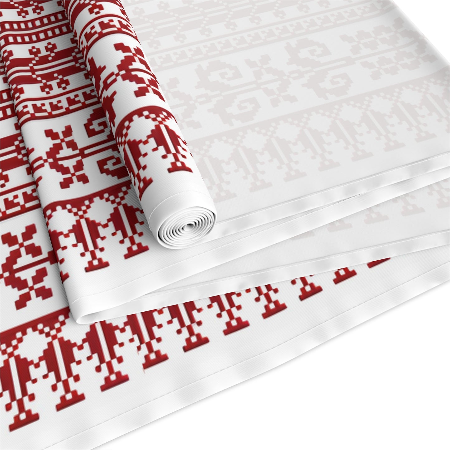 Ethnic Table Runner, Red Palestinian Tatreez Print, Cotton, 16" × 72"