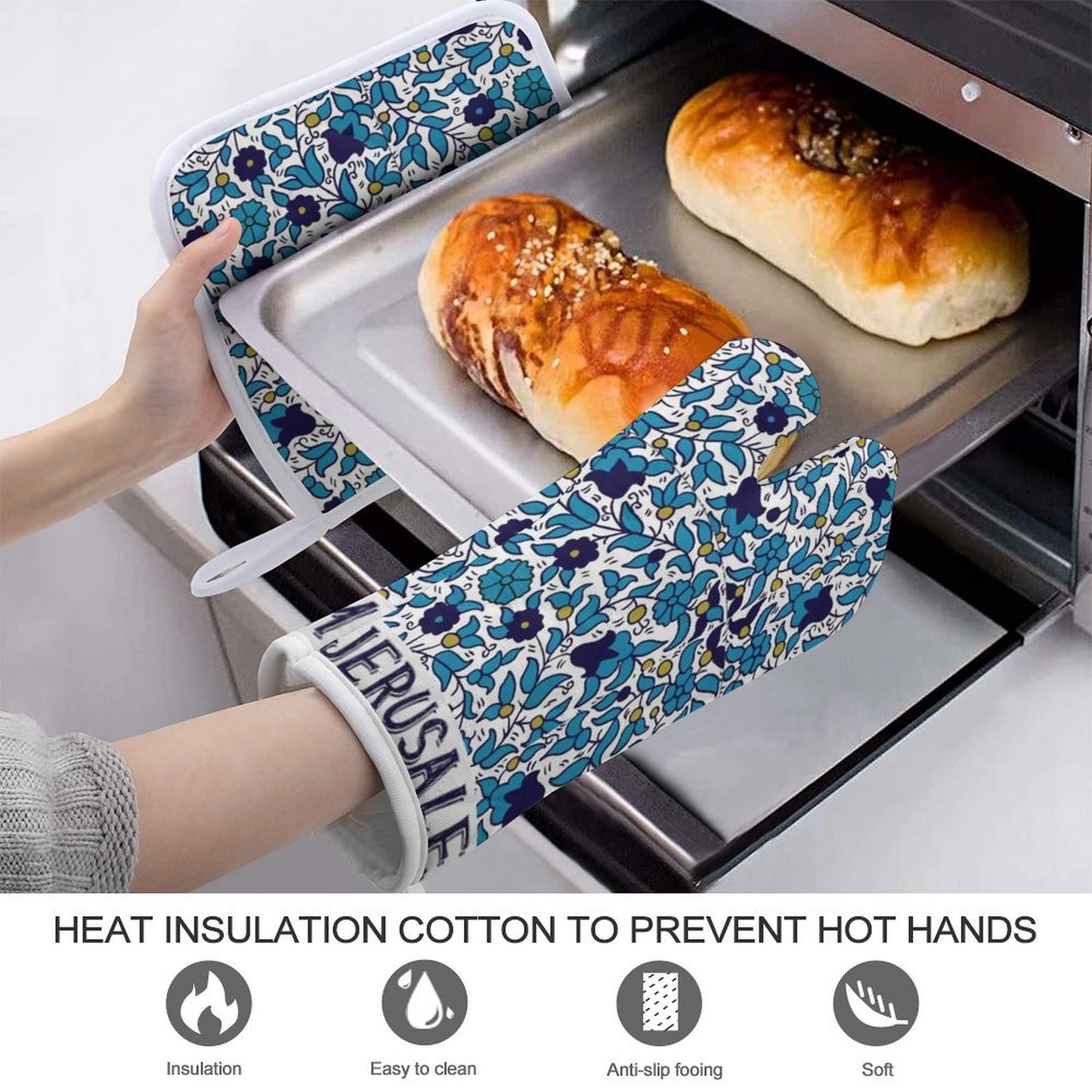Jerusalem Heat Resistant Oven Mitt With Pot Holder(Two Pieces Set))