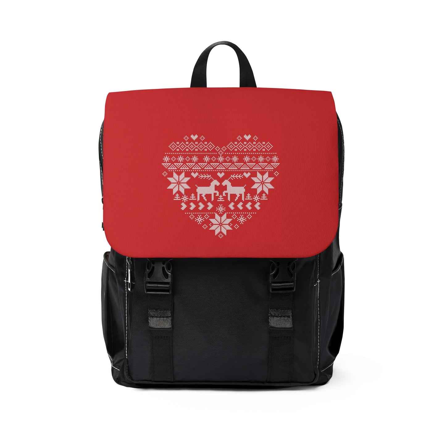 Casual Red Shoulder Backpack, Palestinian Heart Shaped Tatreez print, Ethnic Bag