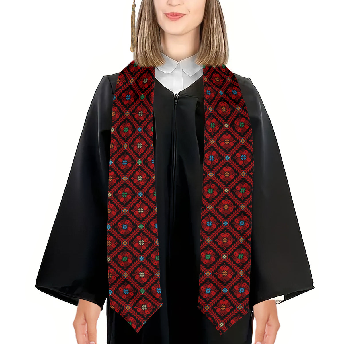 Palestinian Tatreez Print Graduation Stole, Red