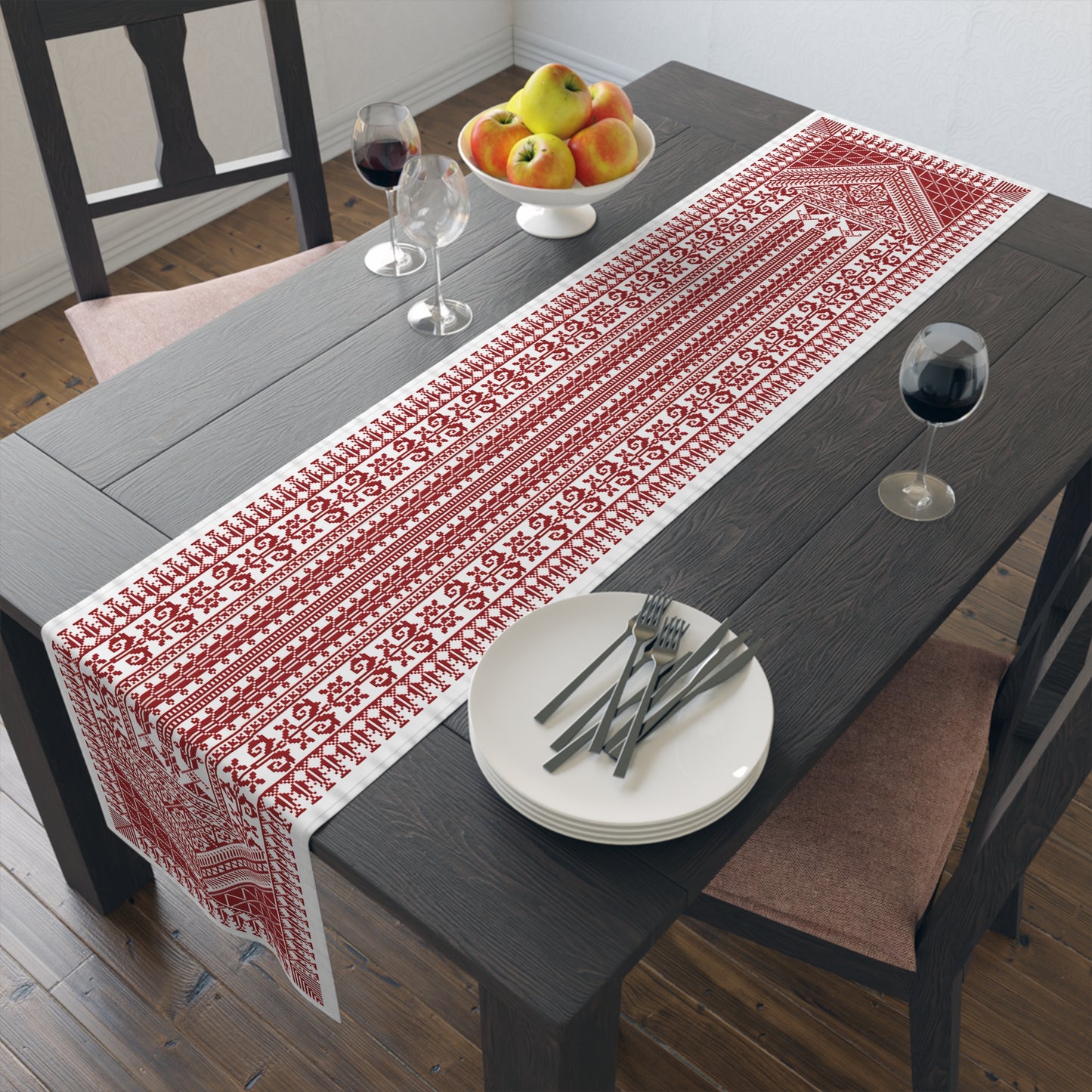 Ethnic Table Runner, Red Palestinian Tatreez Print, Cotton, 16" × 72"