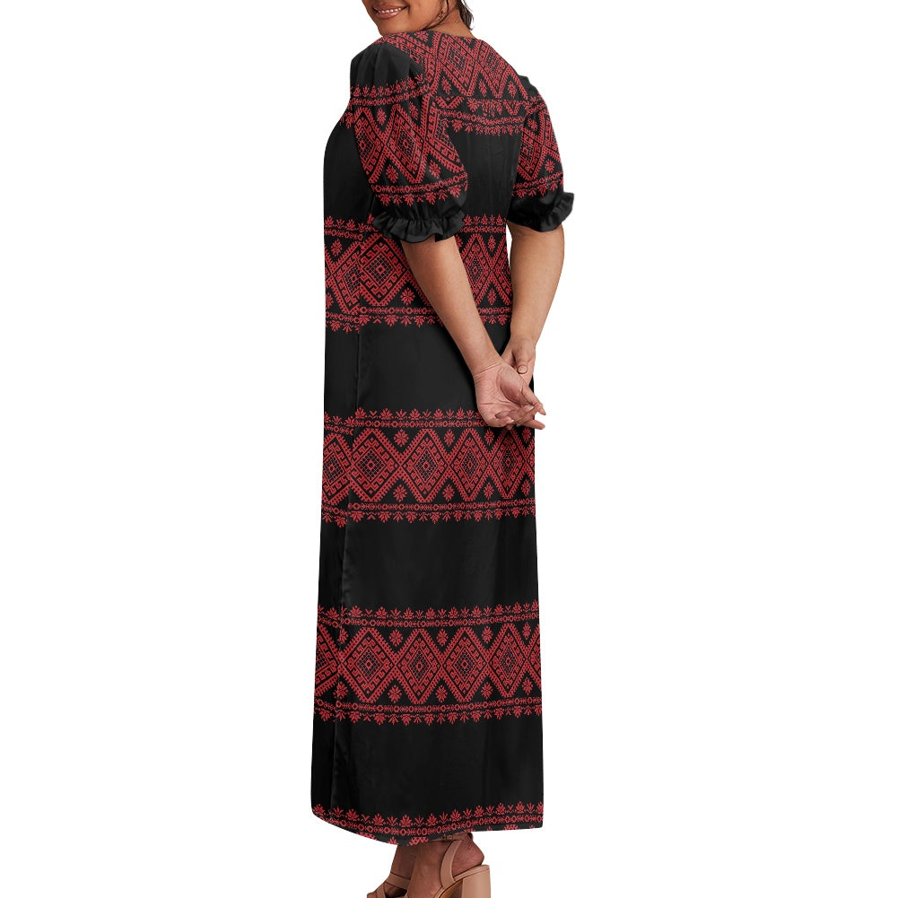 Palestinian Tatreez Print Puff sleeve dress