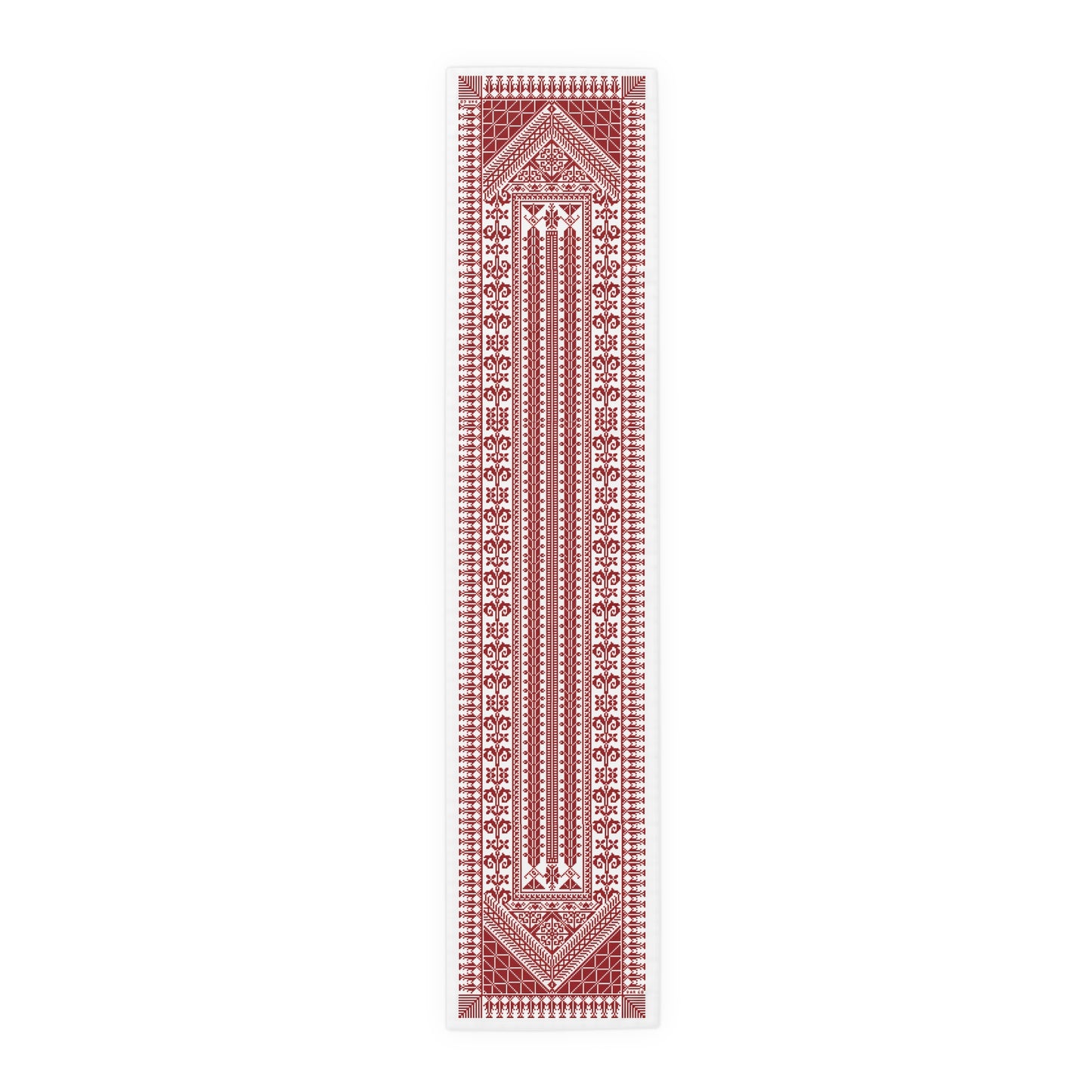 Ethnic Table Runner, Red Palestinian Tatreez Print, Cotton, 16" × 72"