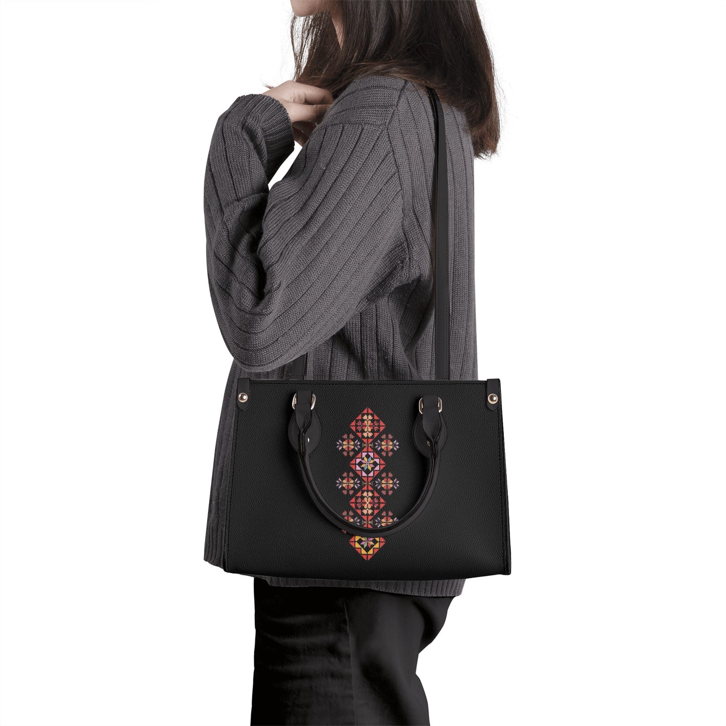 Luxury Women PU Handbag, modern ethnic Palestinian Tatreez print