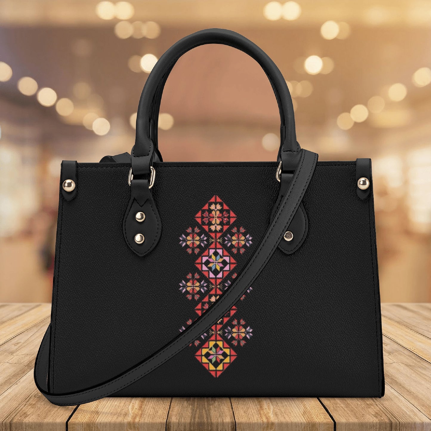 Luxury Women PU Handbag, modern ethnic Palestinian Tatreez print