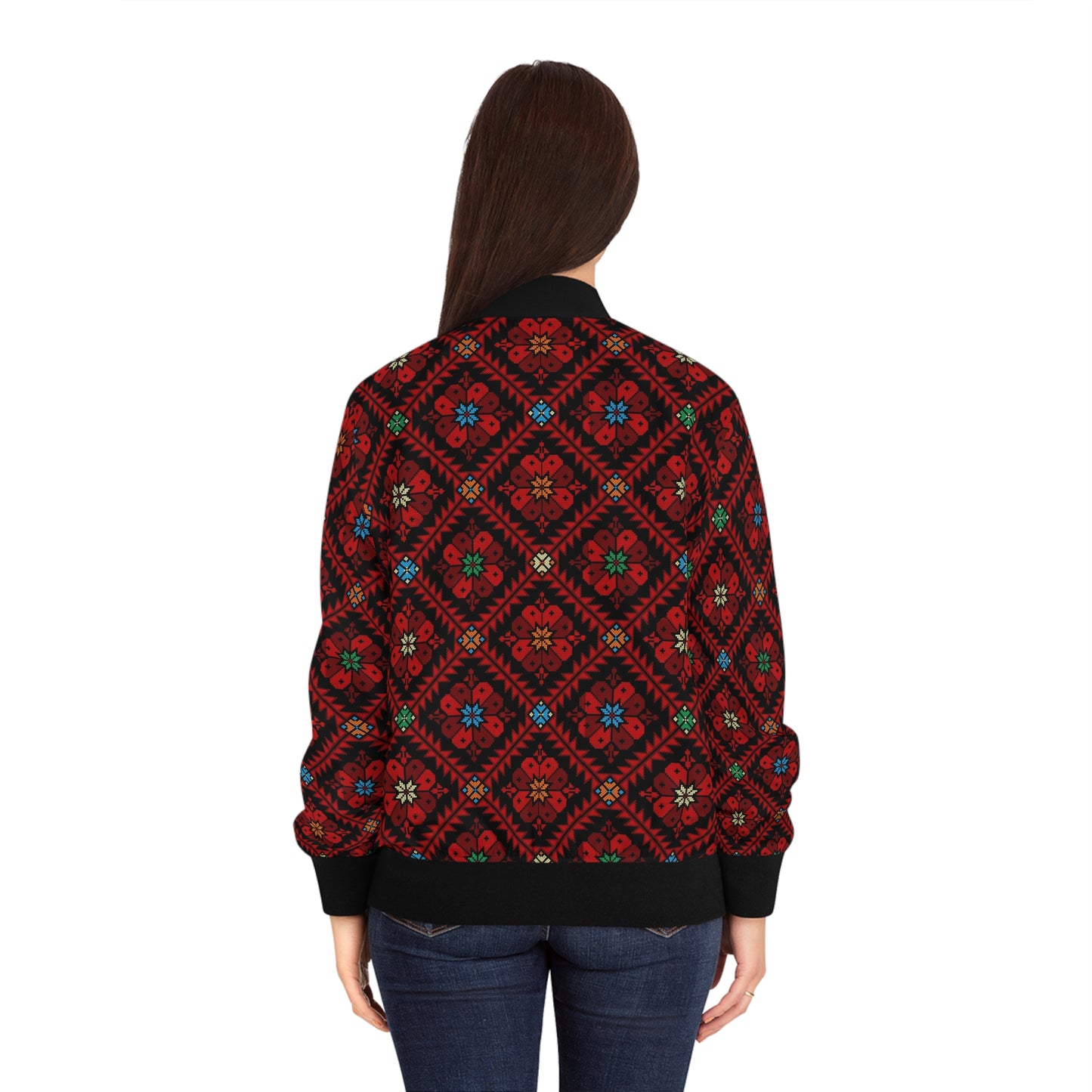 Palestinian Women's Bomber Jacket All-Over-Print Realistic Tatreez Print Jacket