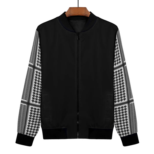 Women's Bomber Jacket in Black, Chic Houndstooth Kufiyeh Sleeve Pattern, Unique Gift for Her.