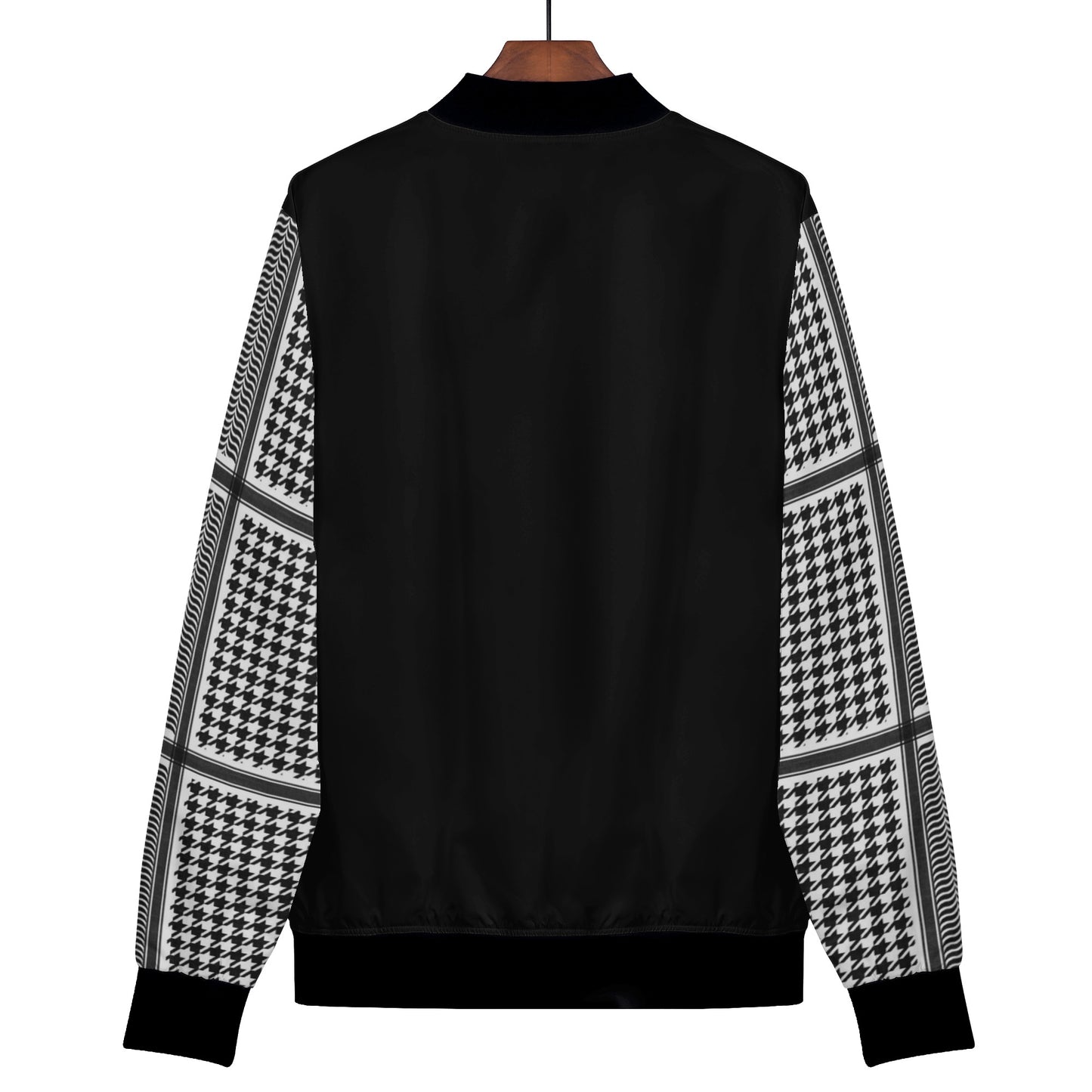 Women's Bomber Jacket in Black, Chic Houndstooth Kufiyeh Sleeve Pattern, Unique Gift for Her.