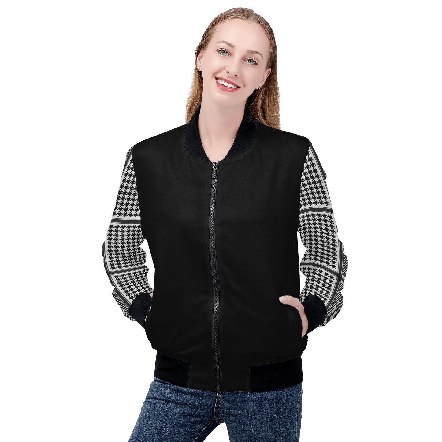 Women's Bomber Jacket in Black, Chic Houndstooth Kufiyeh Sleeve Pattern, Unique Gift for Her.