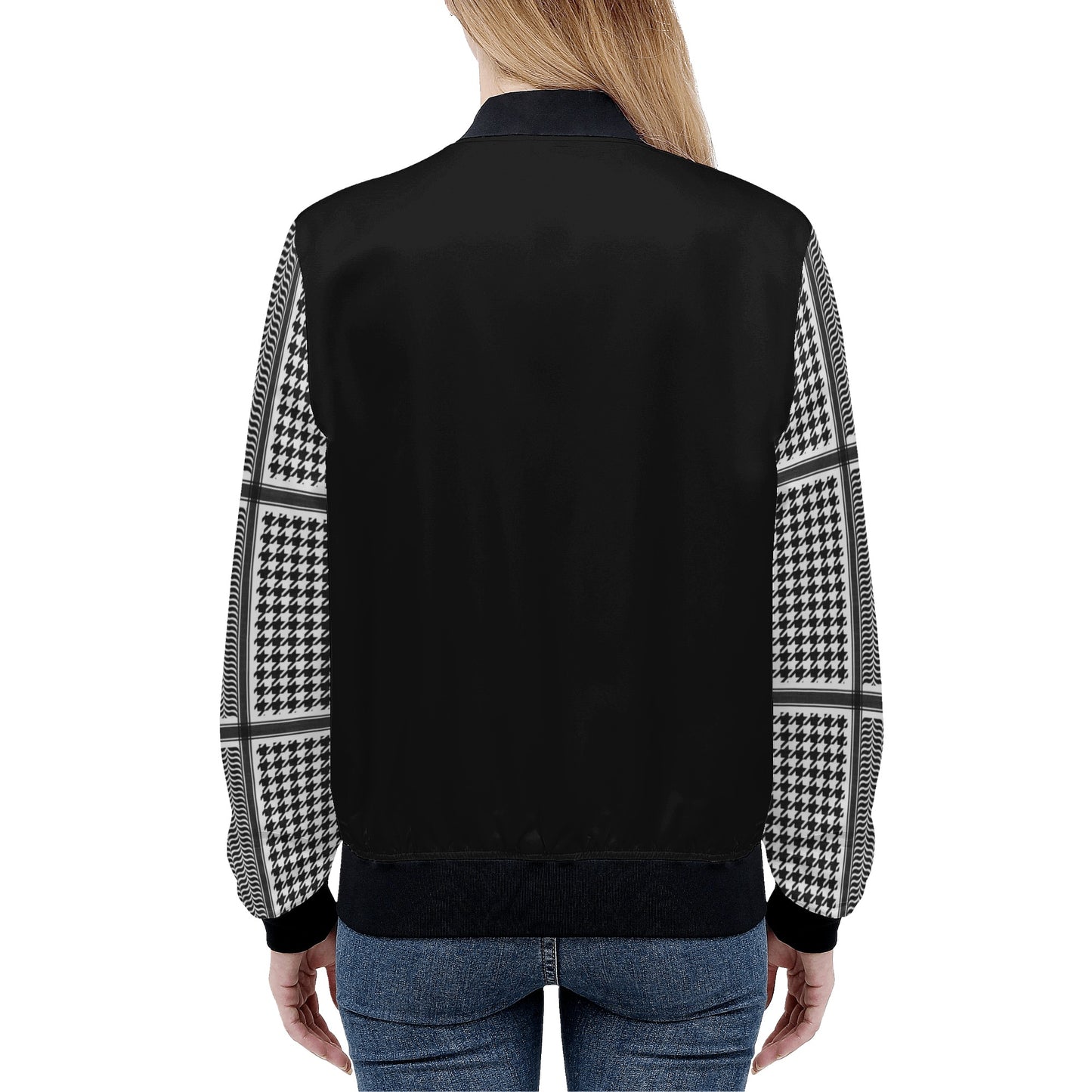 Women's Bomber Jacket in Black, Chic Houndstooth Kufiyeh Sleeve Pattern, Unique Gift for Her.