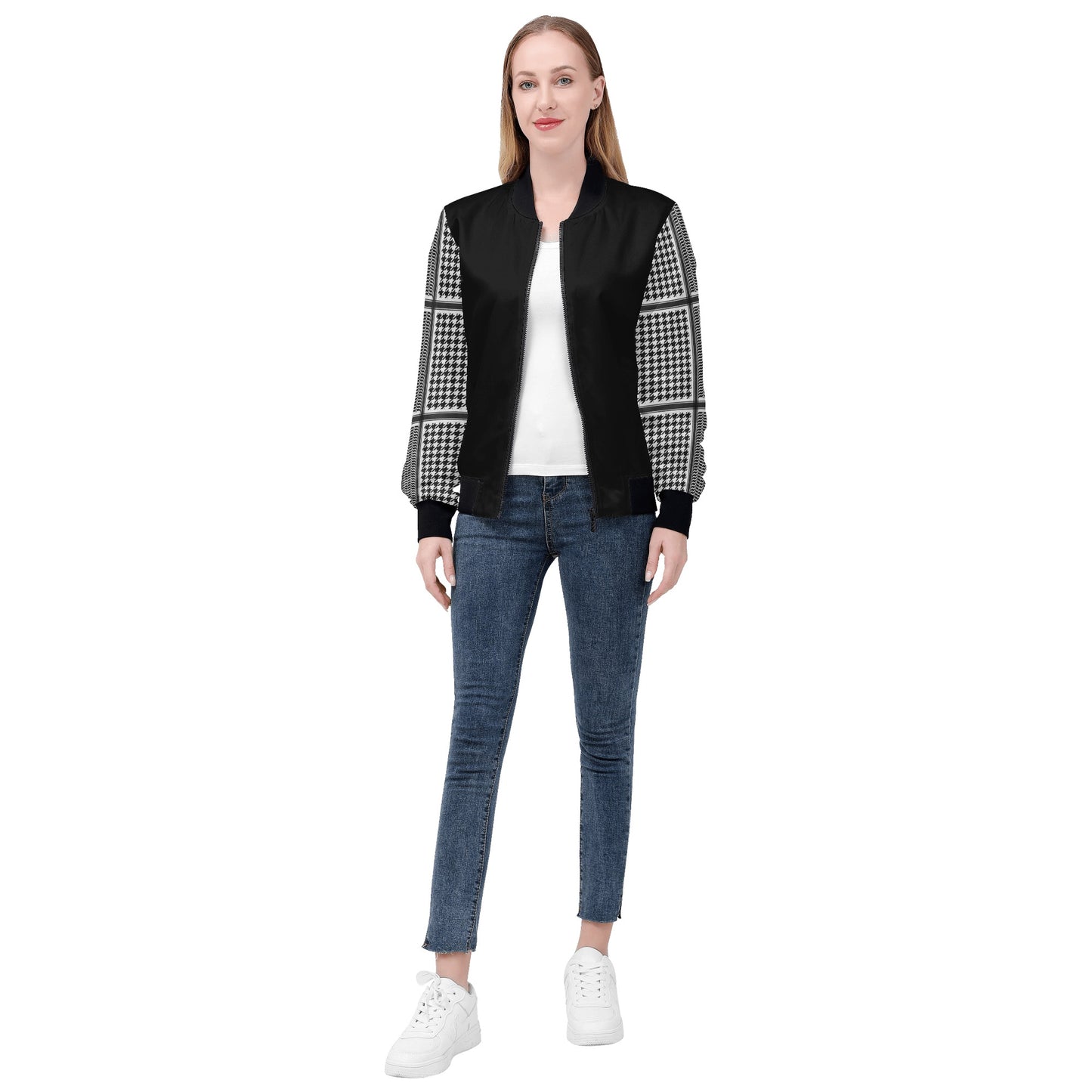 Women's Bomber Jacket in Black, Chic Houndstooth Kufiyeh Sleeve Pattern, Unique Gift for Her.