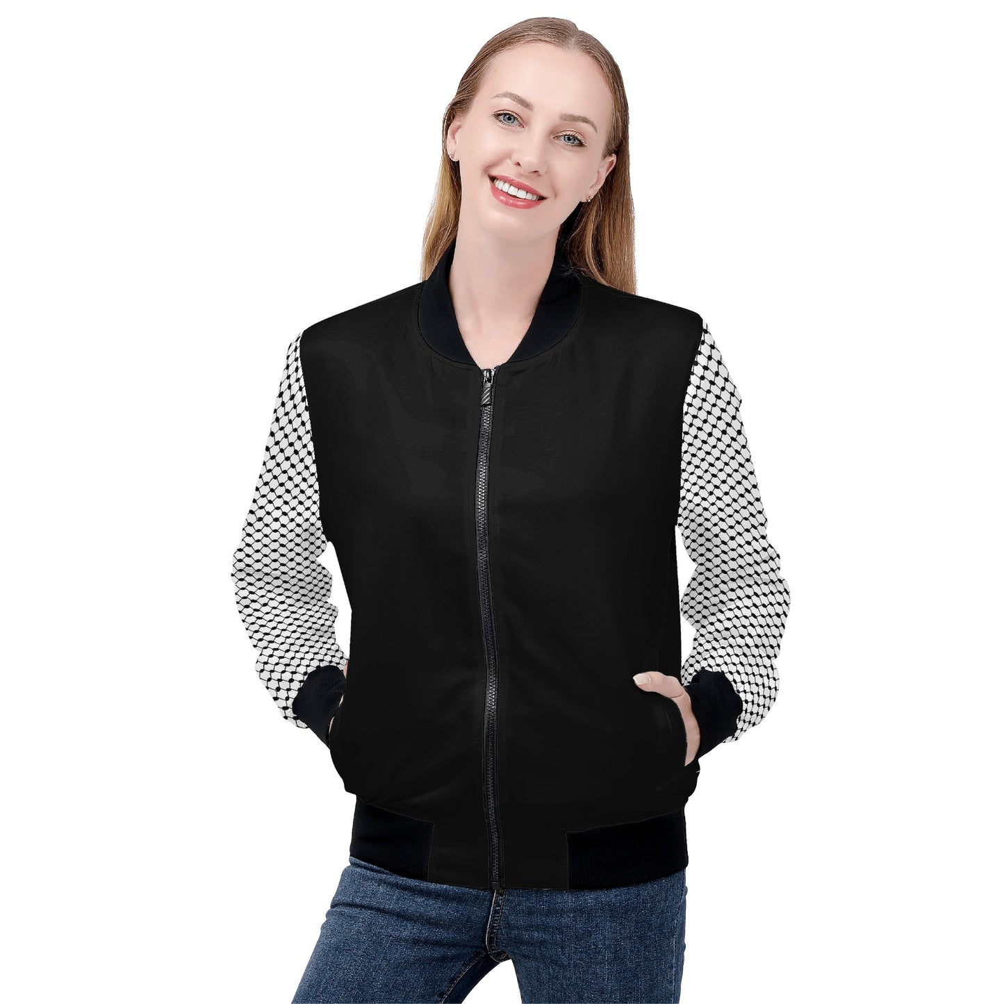 Women's Bomber Jacket in Black, Chic Kufiyeh Sleeve Pattern, Unique Gift for Her