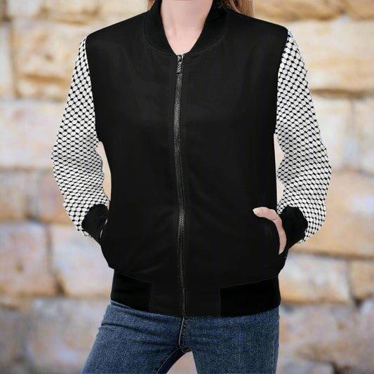 Women's Bomber Jacket in Black, Chic Kufiyeh Sleeve Pattern, Unique Gift for Her