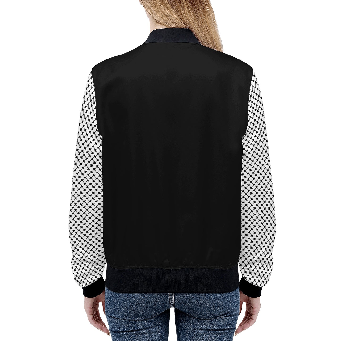 Women's Bomber Jacket in Black, Chic Kufiyeh Sleeve Pattern, Unique Gift for Her