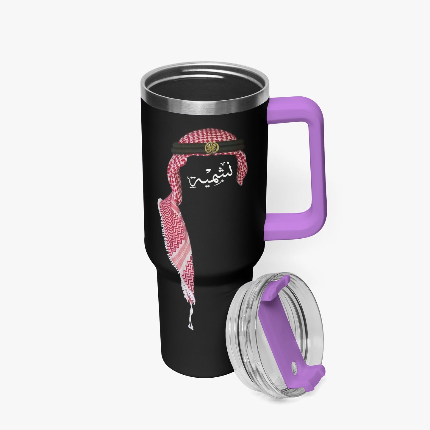 Black travel mug with purple handle and lid featuring a graphic of a person wearing a headscarf on a white background.