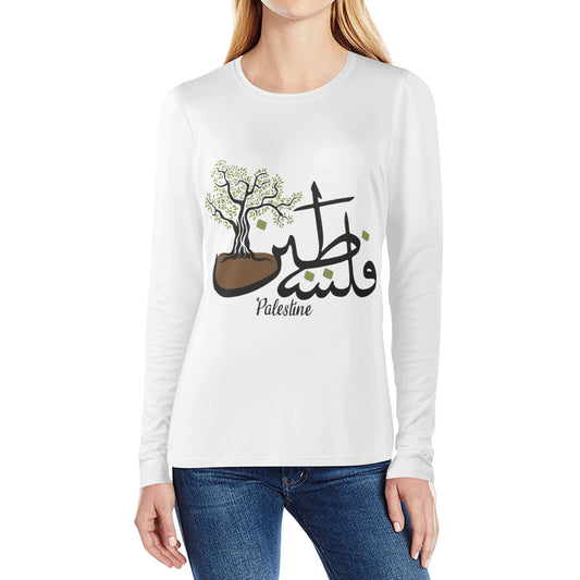 Palestinian Womens Long Sleeve T Shirt with Palestine in Arabic