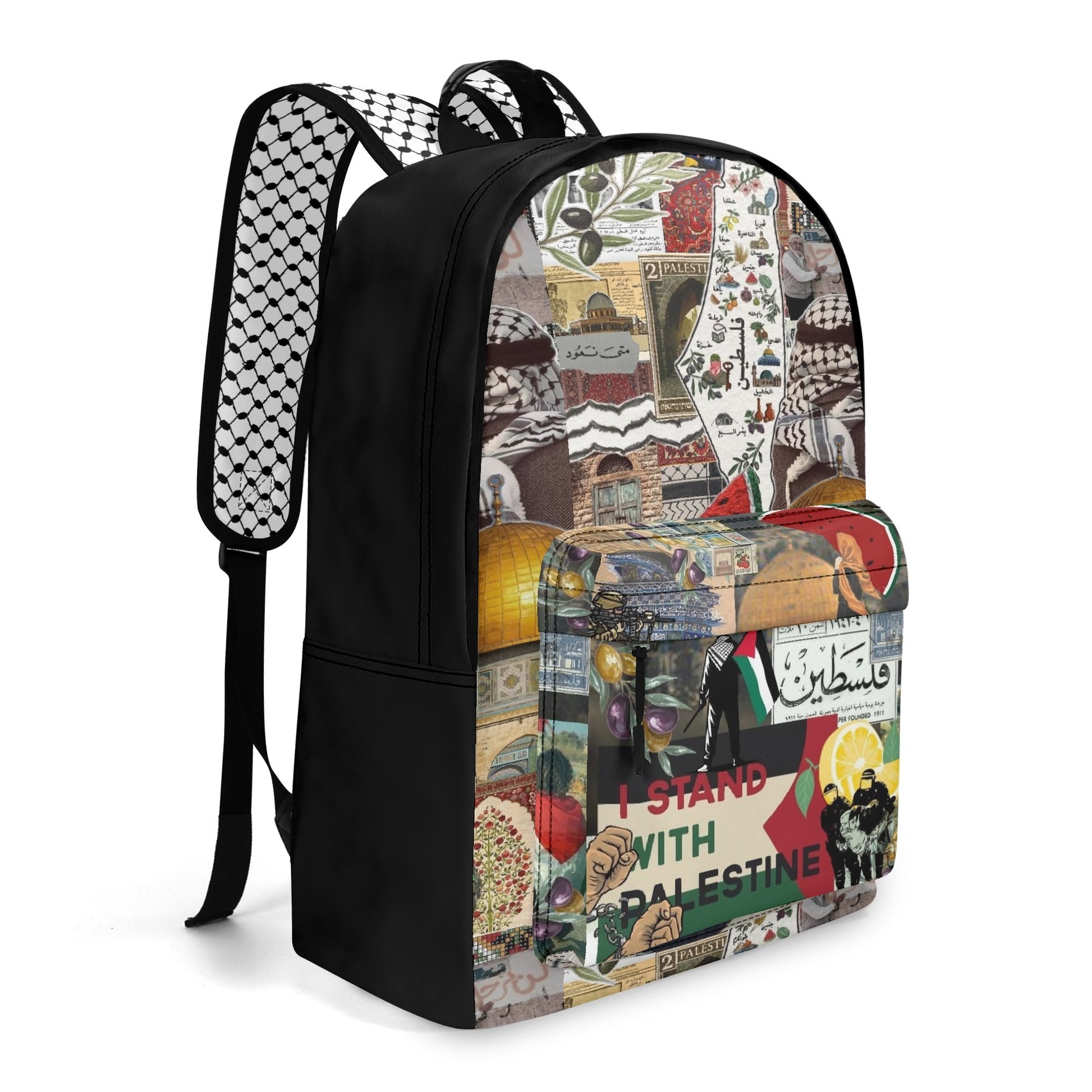 A backpack with Palestinian Collage of motifs related to Tatreez Kuffiyeh including the Palestinian Map and "I Stand With Palestine"