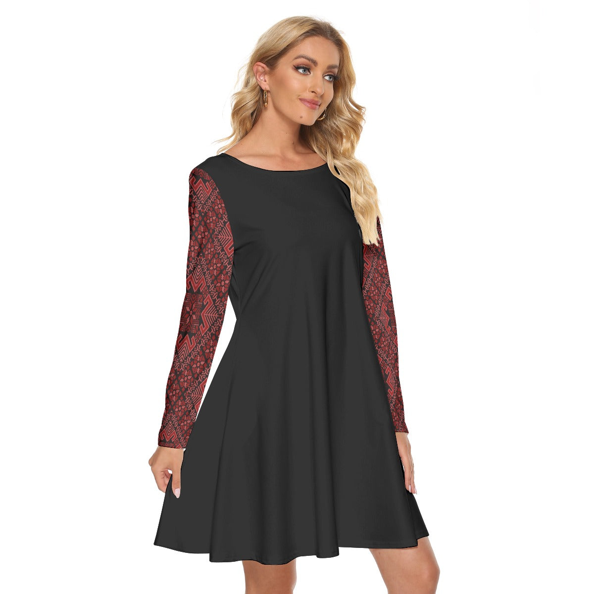 Palestinian Tatreez Design Print Women's Crew Neck Dress, Red