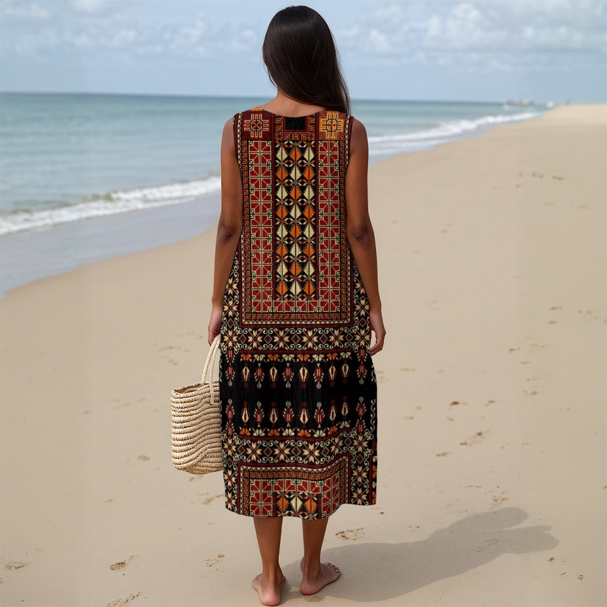 Tatreez All-Over Print Women's Sleeveless Dress|125GSM Slub Cotton